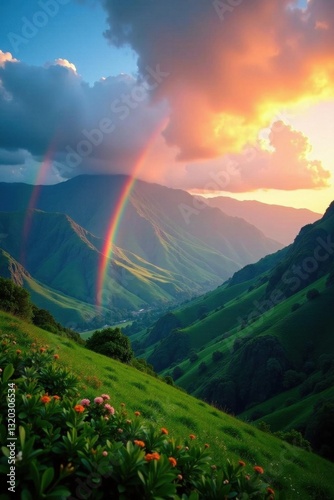 Vibrant rainbow arcing over lush West Maui mountains , arc, rainbow