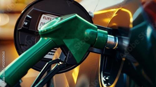 A fuel pump nozzle inserted into a car's tank, with a blurred background.