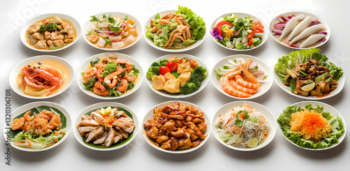 Wallpaper Mural Culinary Variety: An appetizing assortment of diverse dishes elegantly presented on pristine white plates, showcasing an array of culinary delights from fresh ingredients. Torontodigital.ca