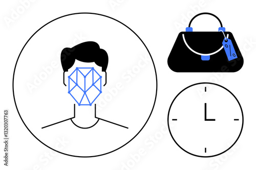 Head with geometric face scan, luxury handbag with tag, and clock symbol. Ideal for security, personal identification, technology, surveillance, time management privacy consumer products. Abstract