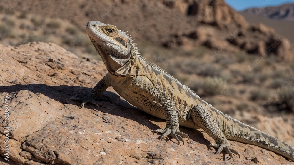 Lizard Defensively Climbing Rock in Barren Desert Lizard Defensively Climbing Rock in Barren Desert