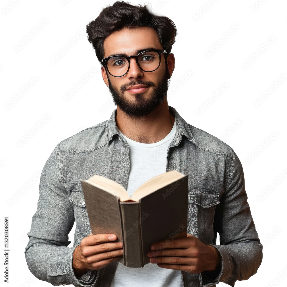 man with beard reading book on white background man with beard reading book on white background