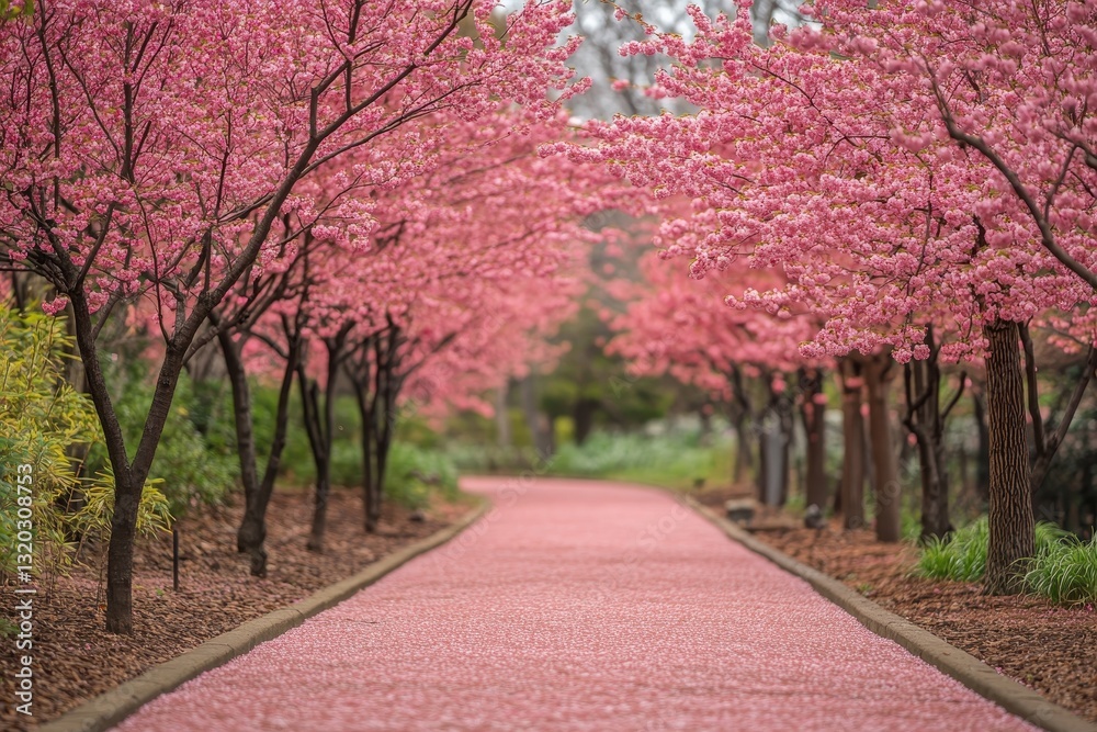 Naklejka premium Serene Pathway Through Blossoming Cherry Trees in Springtime Beauty