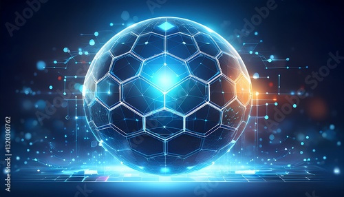 A glowing, digital sphere resembling a soccer ball, featuring geometric patterns and a vibrant blue background.