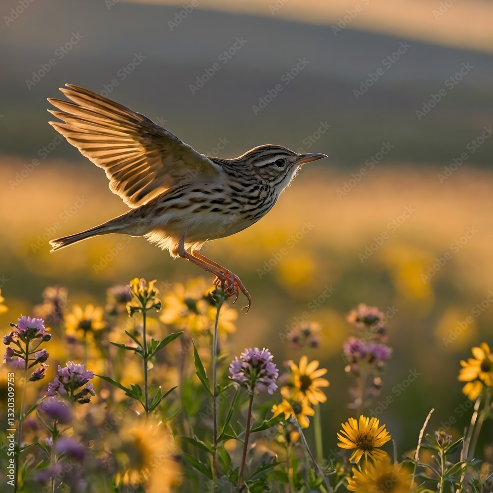 Elegant Pipit Soaring Over a Vibrant Wildflower Meadow During Sunset