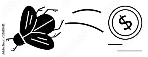 A fly morphing into a dollar coin, symbolizing financial waste, loss, or spending. Ideal for economy, finance, metaphor, budgeting overspending value perception and economics education. Flat