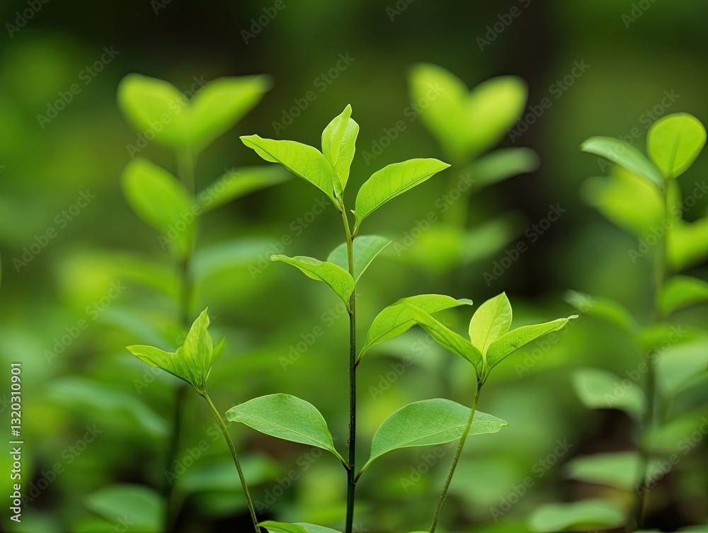Emerging verdant leaves bathed in soft natural light in the forest Emerging verdant leaves bathed in soft natural light in the forest