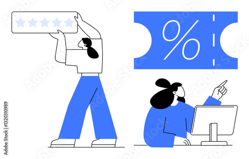 Person lifting a rating bar with stars, another using a computer and pointing at a large discount coupon. Ideal for customer feedback, reviews, e-commerce, discounts, marketing, online sales