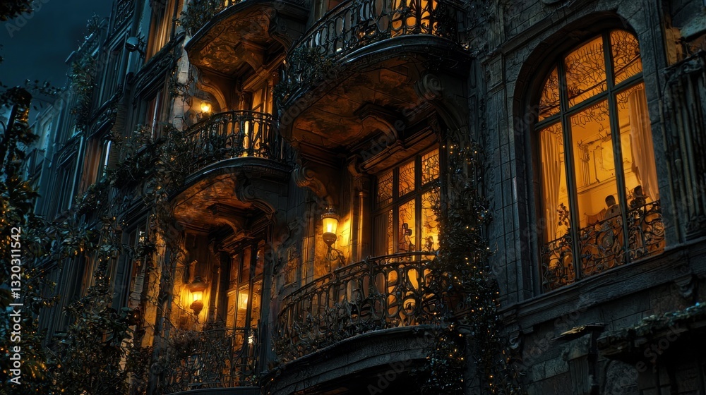 Fototapeta premium Night view of an ornate building with illuminated windows and balconies.