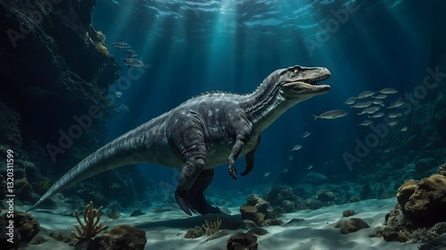 Mosasaurus Hunting Ammonites in Underwater Canyon