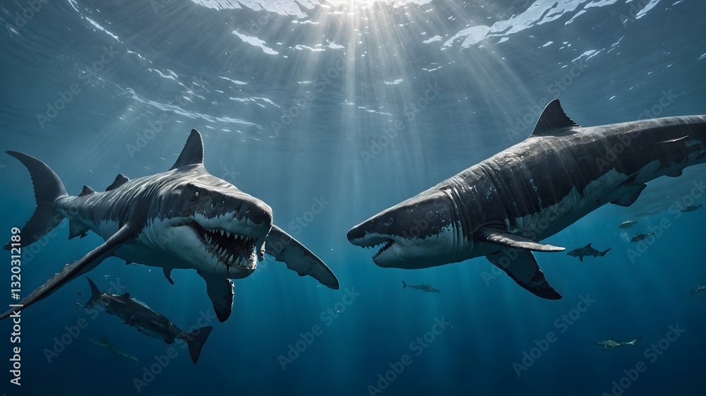 Fototapeta premium Mosasaurus vs Giant Prehistoric Shark in Open Waters