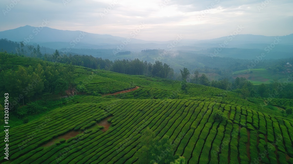 Fototapeta premium Lush green tea plantation hills under a hazy mountain sky