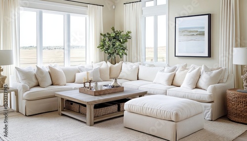 A chic small living room in soft whites with multi-functional furniture and natural light 1. Generative AI