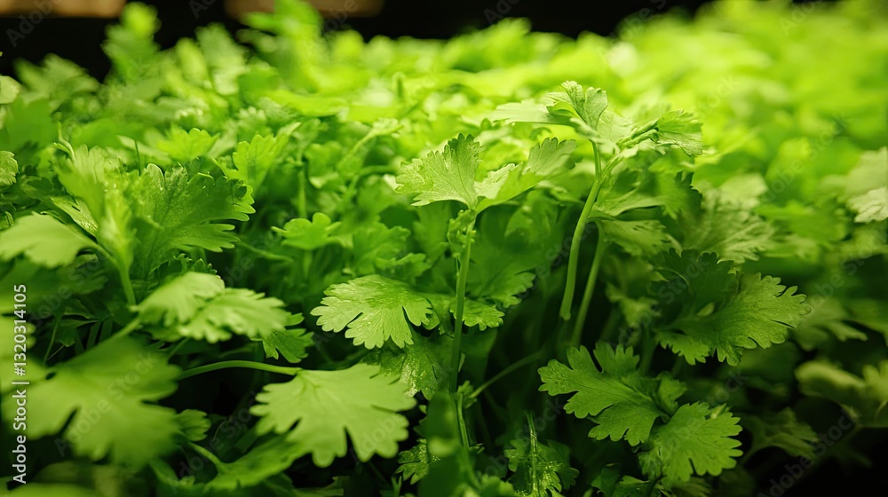 Lush Cilantro Field, Vibrant Green Herb Garden in Full Bloom Close-Up Lush Cilantro Field, Vibrant Green Herb Garden in Full Bloom Close-Up