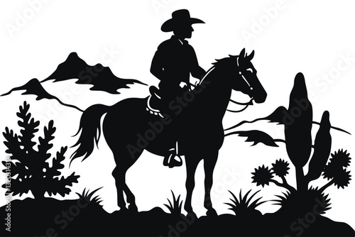 A Little Cowboy with horse black silhouette vector isolated on a white background
