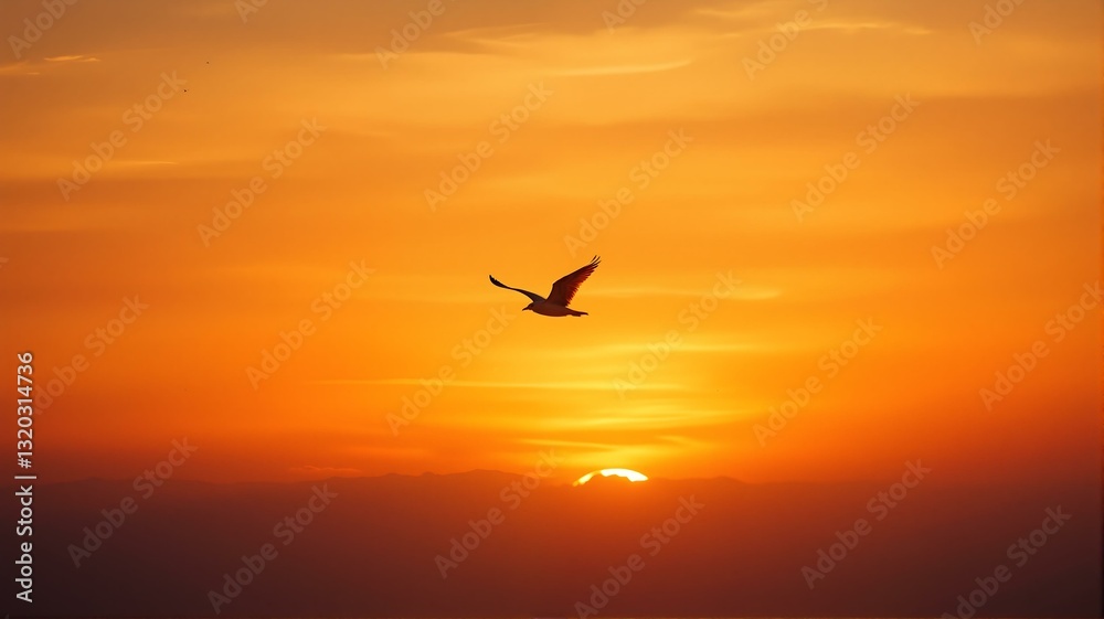 Naklejka premium A bird flying in an orange sky.