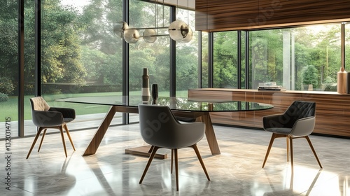 Modern dining room glass table minimalist chairs AI generated