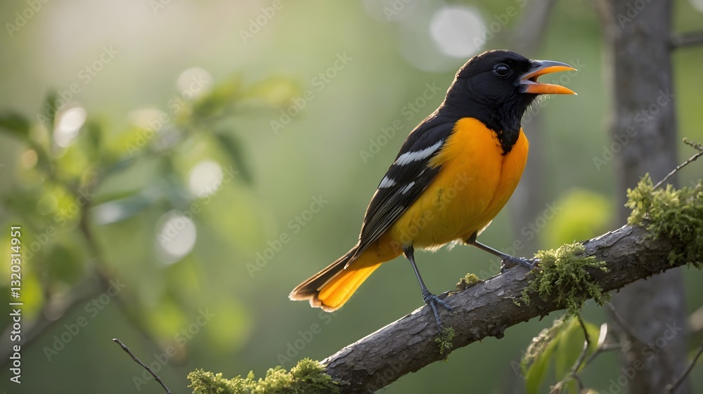Obraz premium Old World Oriole Singing from the Top of a Tree in a Peaceful Forest