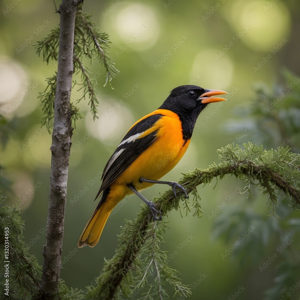 Naklejka premium Vibrant Old World Oriole Serenading from the Peak of a Tree in a Tranquil Forest
