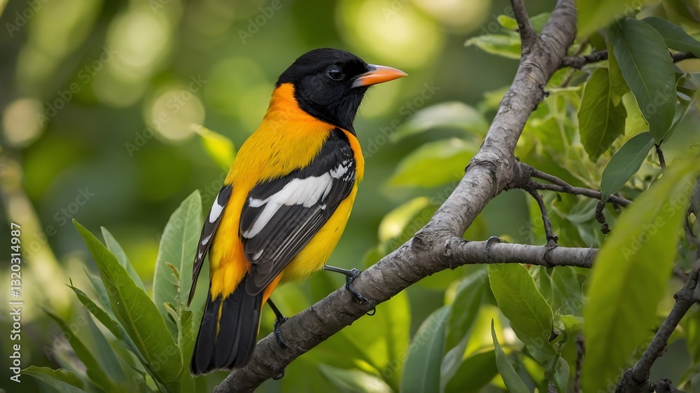 Fototapeta premium Bright Old World Oriole Perched in the Heart of a Lush Garden