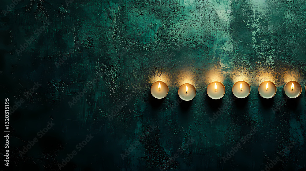 Obraz premium Candlelit Serenity: Six candles in a row, illuminating a textured, teal-colored surface, evoking a sense of calm and introspection.