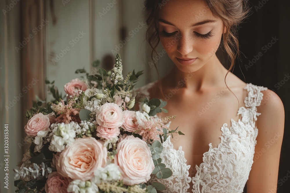 Naklejka premium Bridal bouquet in pastel pink and white colors featuring ranunculus peony roses and eucalyptus