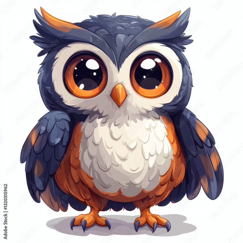 Obraz premium Cartoon owl illustration on a white background with feathers, eyes, beak, and wings, symbolizing wisdom and wildlife