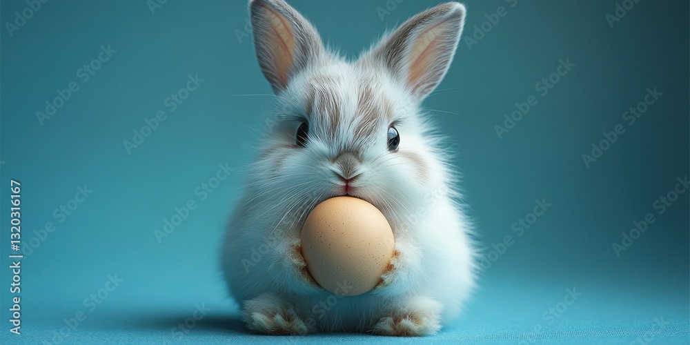 Obraz premium Cute Fluffy White Rabbit with Smooth Egg on Blue Background