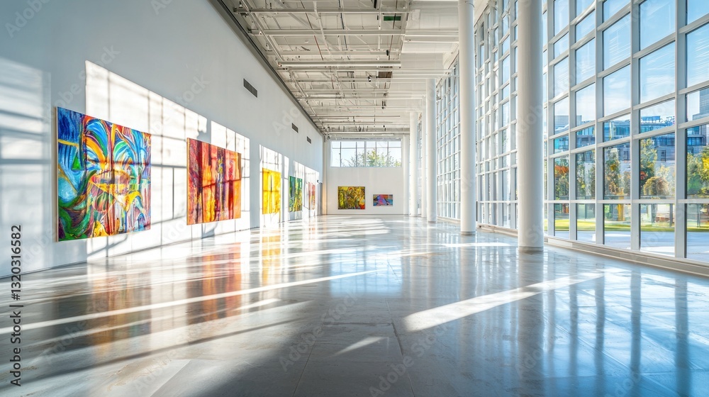 Obraz premium Sunlit modern art gallery interior with colorful paintings on display.