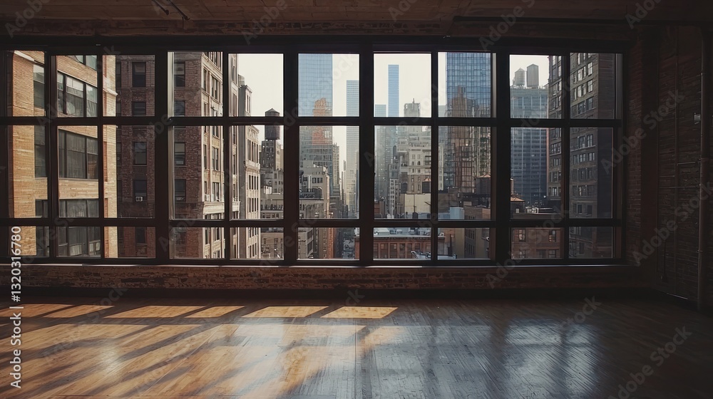 Sunlight streams through large window showcasing city view in empty loft.