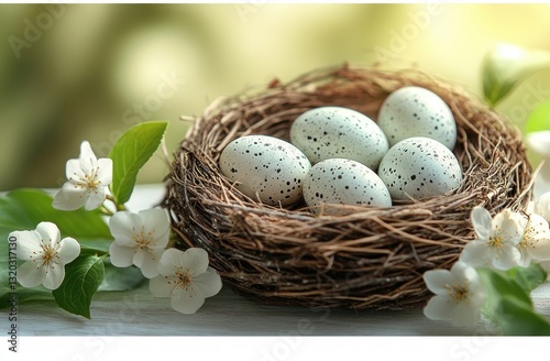 Bird's Nest with Speckled Eggs and Floral Accents on Wooden Background
