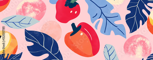 Summer Orchard: A vibrant, illustrative pattern bursting with the flavors of summer, featuring succulent fruits, playful leaves, and a refreshing pastel color palette. 