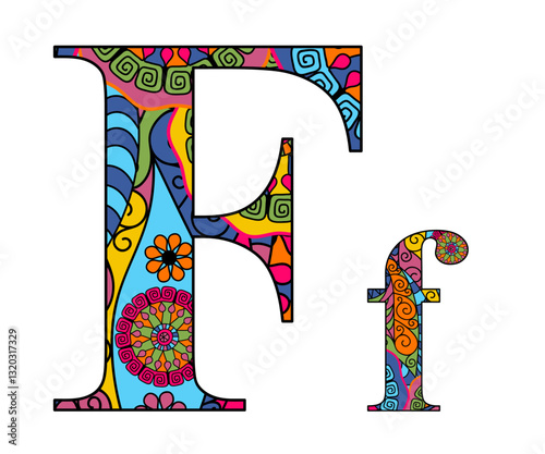 Vector image letter of the English alphabet with colorful vintage hand drawn pattern isolated on transparent background
