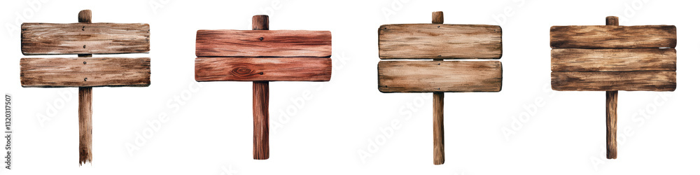 Fototapeta premium Rustic weathered wooden signage placards or posts backdrop with blank space for message copy or advertisement Isolated on white background Ideal for countryside farm cabin