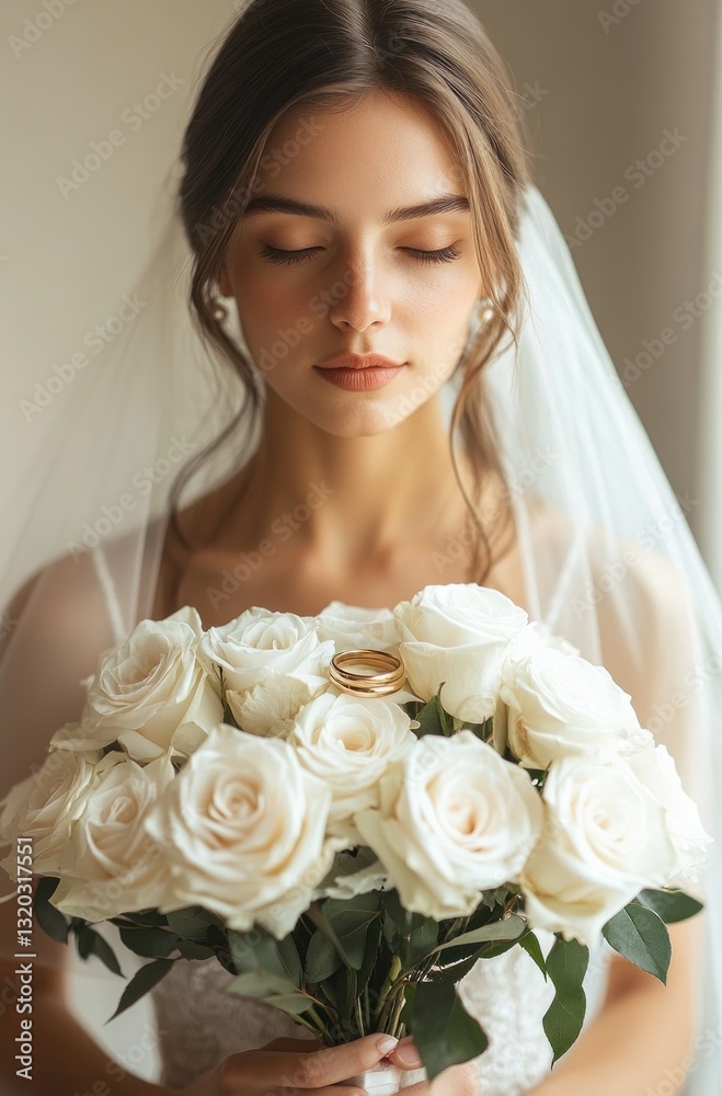 Naklejka premium Elegant Romantic Wedding Invitation with Golden Rings White Roses Satin Ribbons