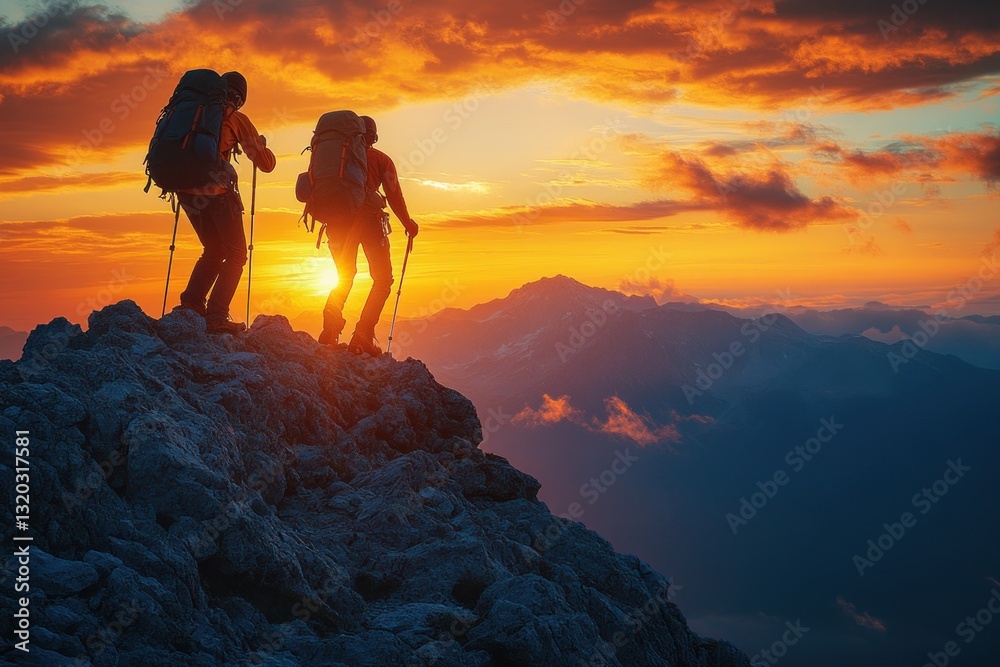 Fototapeta premium Hikers Climbing Mountain Cliff Together at Sunrise Helping Each Other Teamwork Adventure
