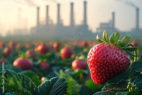 Strawberry Field with Ripe Fruits and Industrial Factory Polluting Air in Background