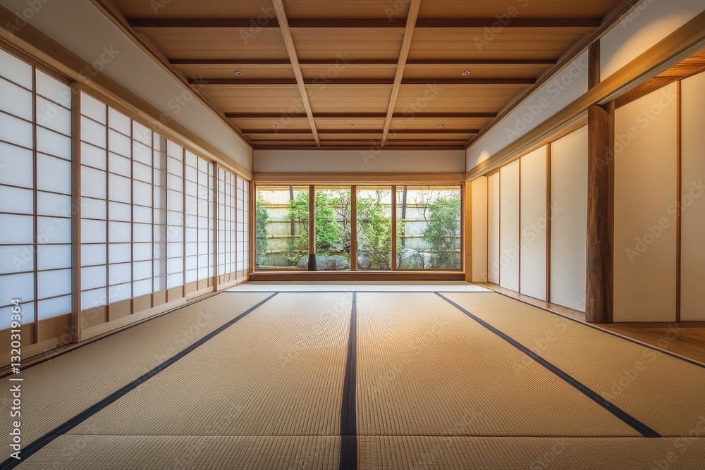 Fototapeta premium Serene Japanese room with tatami mats, shoji screens, and wooden ceiling. Perfect for designs showcasing peace, tranquility, and minimalist aesthetics.