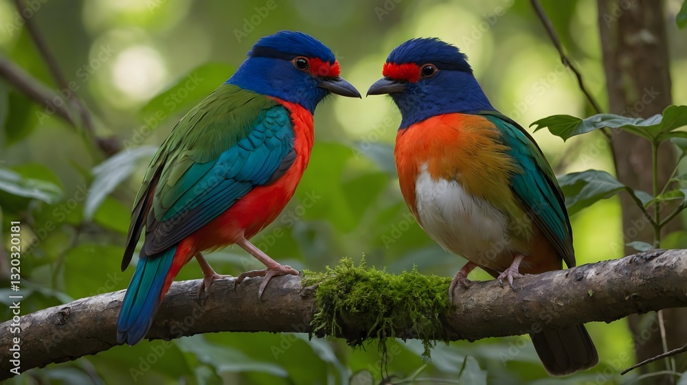 Fototapeta premium Pair of Pittas Perched on a Branch in a Sunlit Forest