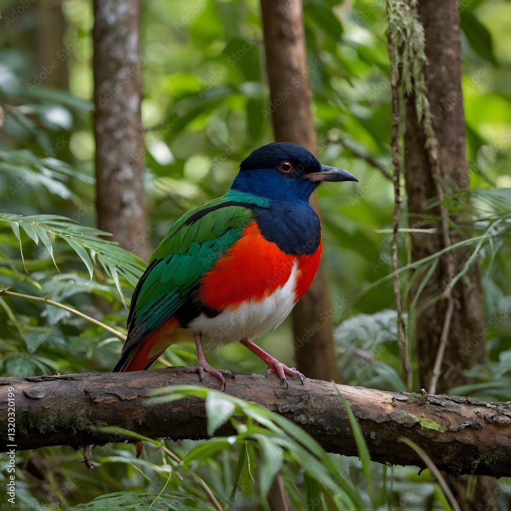 Obraz premium Two Vibrant Pittas Resting Together on a Branch in a Warm, Sunlit Forest