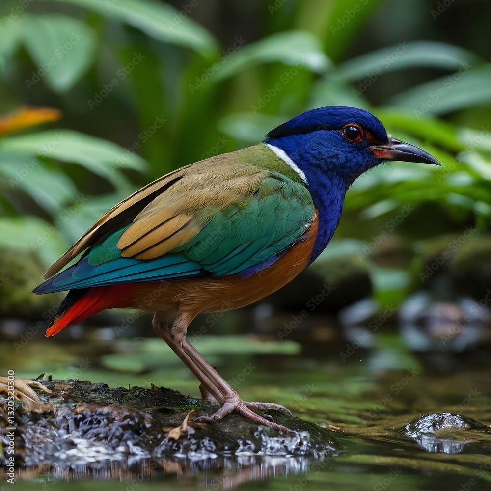 Obraz premium Pitta Perched by a Stream in the Heart of a Tropical Jungle