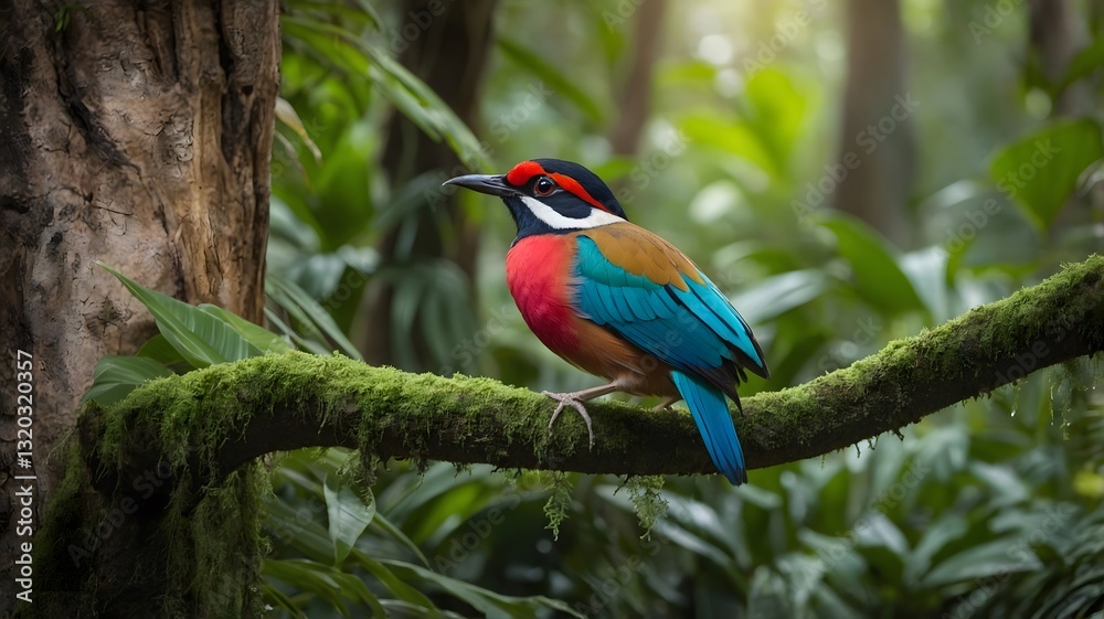 Obraz premium Pitta Perched on a Branch with a Majestic Waterfall and Tropical Greenery