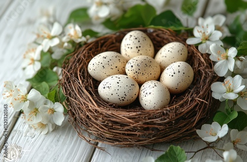 Rustic Still Life with Bird's Nest, Speckled Eggs, Green Leaves and Flowers on Wooden Background