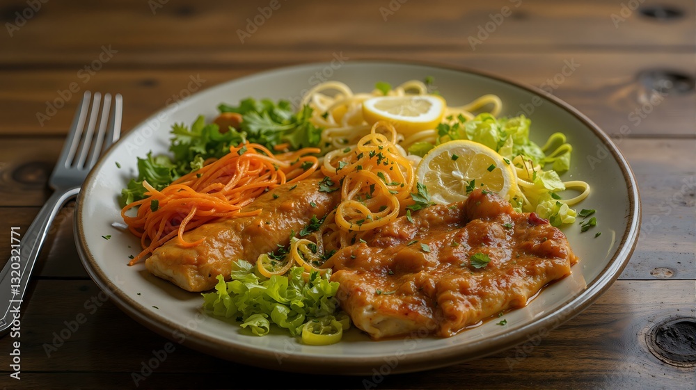A delicious plate of food containing fish, noodles and vegetables. A delicious plate of food containing fish, noodles and vegetables.
