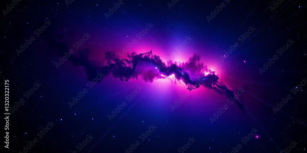 Fototapeta premium Dark blue night sky, vibrant purple, orange, yellow nebula, cosmic space, stars, galaxies, deep space, cosmic rays