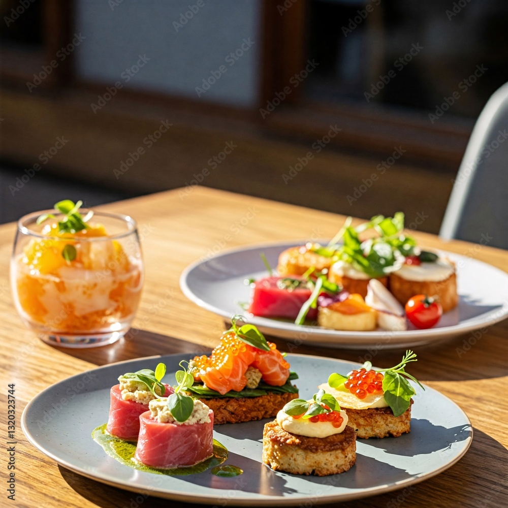 custom made wallpaper toronto digitalCulinary Delights: An elegant arrangement of diverse, colorful canapés and a refreshing drink on a rustic wooden table, capturing the essence of a gourmet experience.