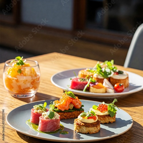Wallpaper Mural Culinary Delights: An elegant arrangement of diverse, colorful canapés and a refreshing drink on a rustic wooden table, capturing the essence of a gourmet experience. Torontodigital.ca