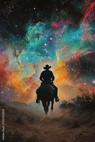 Cowboy rides horse, cosmic nebula, desert landscape, inspirational