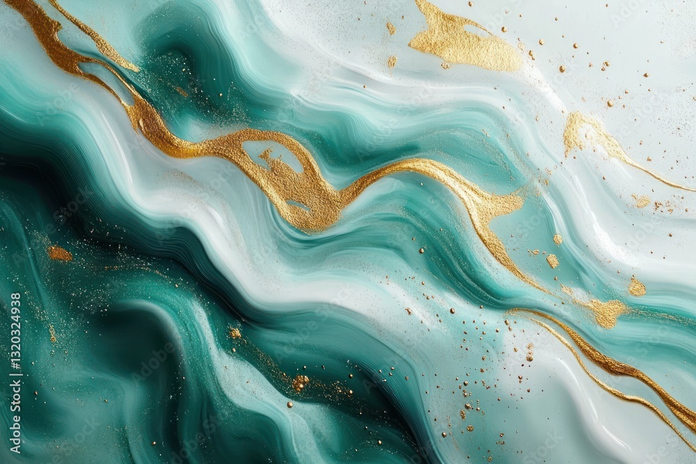 Abstract Teal and White Waves with Gold Accents Fluid Art Background Abstract Teal and White Waves with Gold Accents Fluid Art Background
