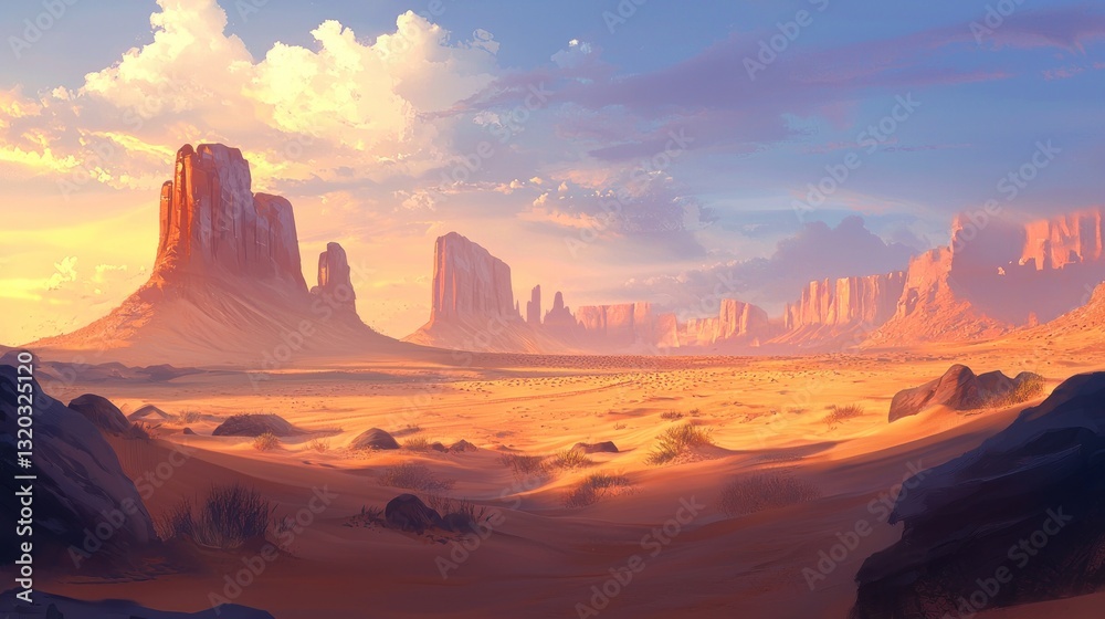 Naklejka premium Sunset over vast desert landscape with towering sandstone formations.